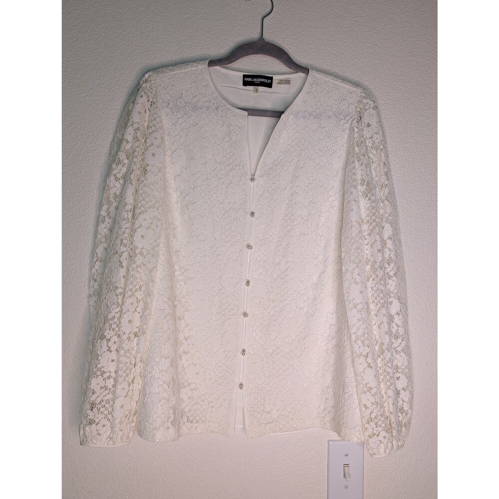 Karl Lagerfeld Paris Floral Lace Pearl Button Cardigan M Bridal Coquette Dainty